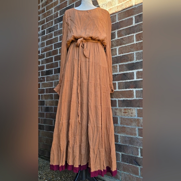 Baltic Born Boho Maxi Dress 3XL Tan Rust Tie Waist Long Sleeve Tiered Cottagecor - Picture 2 of 12